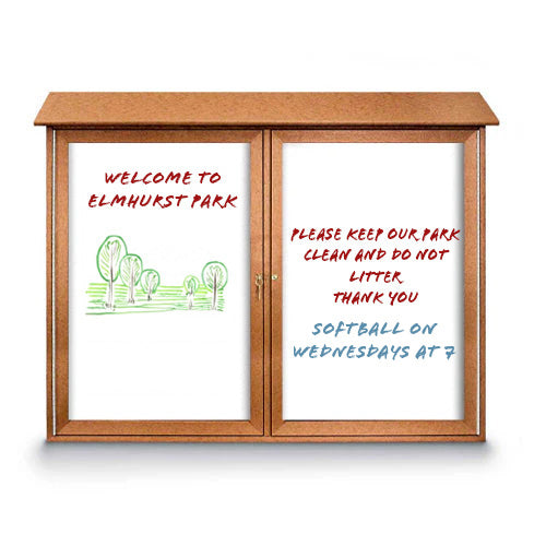 Eco-Design Outdoor Message Center with Magnetic Dry Erase White Board 60x30 Faux Wood Two Door Cabinet