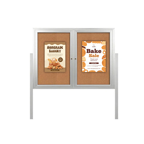 Freestanding 2 Door Outdoor Enclosed Bulletin Board 72x36 with Posts