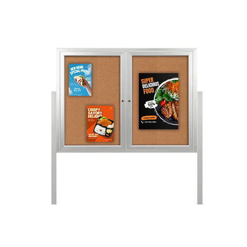 Freestanding 2 Door Outdoor Enclosed Bulletin Board 60x40 with Posts