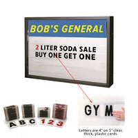 Enclosed HEAVY DUTY 72x48 Reader Board with Personalized Header is SINGLE SIDED with 300 characters included. Easily slide them in and out to update your message with Optional LED Back-Light Available