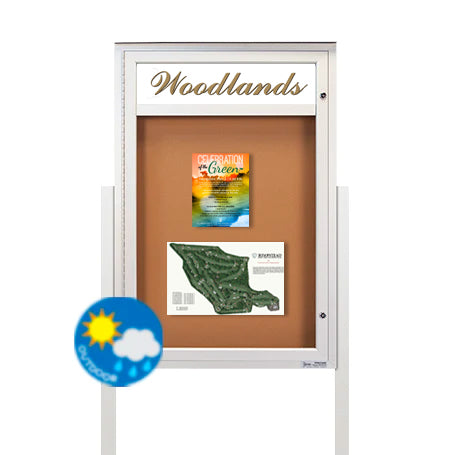 All-Weather Free-Standing Extreme WeatherPLUS™ Outdoor Bulletin Boards with Personalized Message Header | Metal Cabinet 12+ Sizes