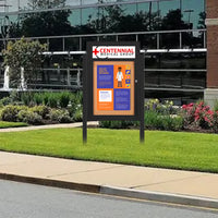 SwingCase Standing 22x28 Lighted Outdoor Bulletin Board Enclosed w Header + Posts (One Door)