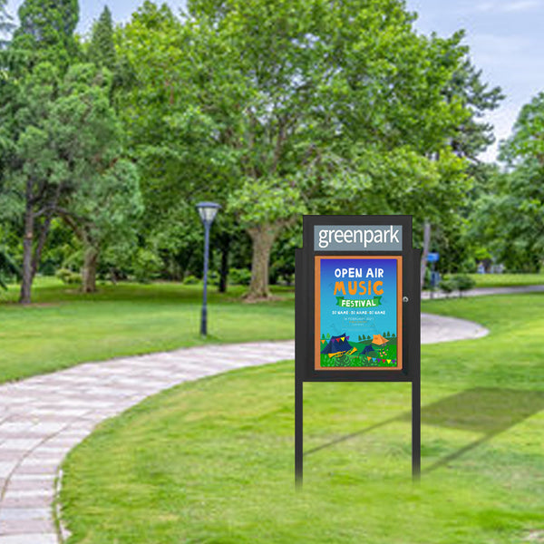 Outdoor Enclosed Bulletin Board Stand | Display Cases with Header on Posts | Single Door SwingCase with 12+ Sizes and Custom