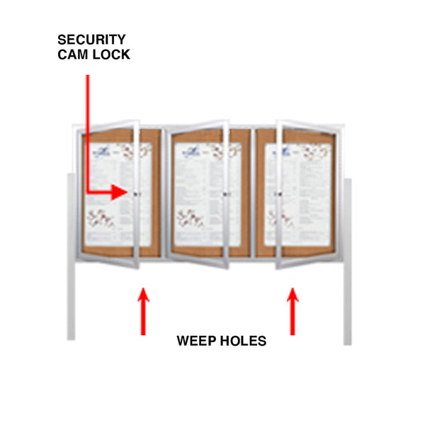 Free-Standing 3-Door Enclosed Outdoor Bulletin Board 84" x 48" with + Posts and LED Lighting