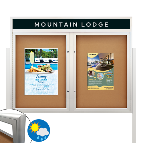 EXTREME WeatherPlus™ Radius Edge Enclosed Outdoor Bulletin Board Stand with Header | Shown in Silver Finish with 2 doors