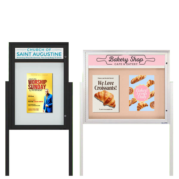 Free-Standing EXTREME WeatherPLUS™ Outdoor Enclosed Poster Cases with Personalized Message Header | Portrait or Horizontal Orientation
