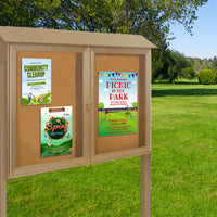 Eco-Design Outdoor Message Center Cork Bulletin Board 52" x 40" with Posts | Faux Wood, Double Door Information Boards