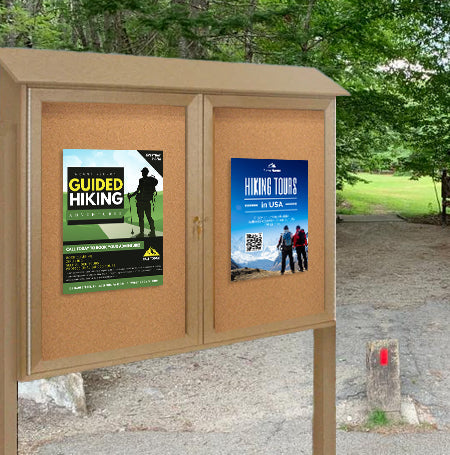 Eco-Design Outdoor Message Center Cork Bulletin Board 52" x 40" with Posts | Faux Wood, Double Door Information Boards