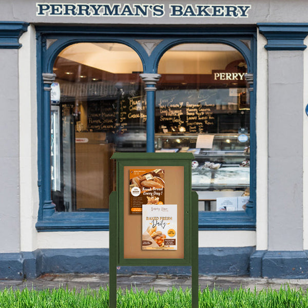 22" x 28" Outdoor Message Center Cork Board with Posts | Eco-Friendly, LEFT-Hinged Single Door, Faux Wood Information Board