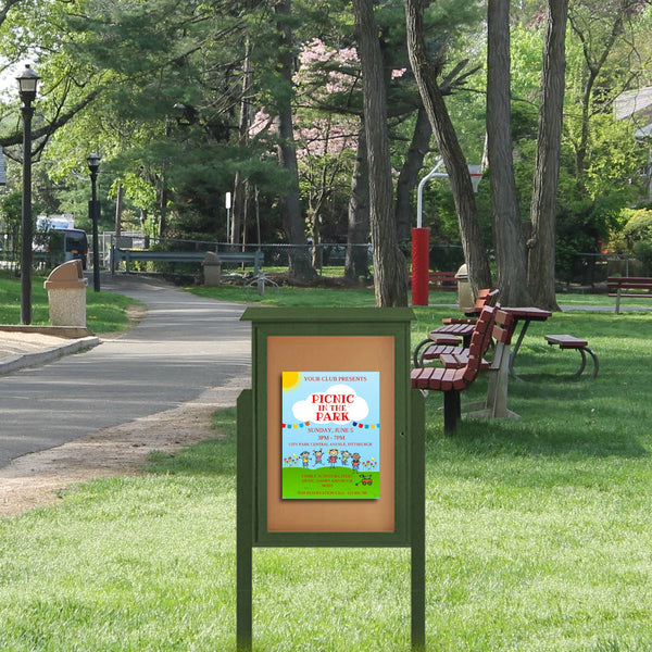Eco-Design 24"x 36" Outdoor Message Center with Bulletin Board and Faux Wood Cabinet + Two Posts