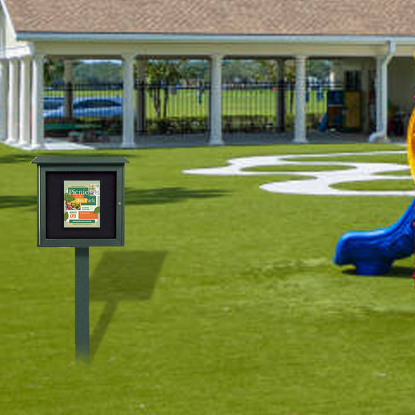 8.5 x 11 Outdoor Message Center Cork Board + Post | Eco-Friendly with LEFT Hinged Door Information Board