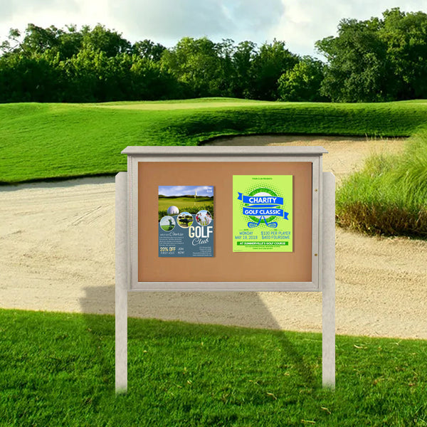Eco-Design Outdoor Message Center 24"x 48" with Posts | Single Door Information Cork Bulletin Board - Faux Wood Cabinet in Six Finishes