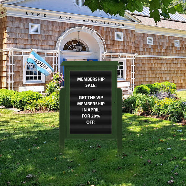Outdoor Message Center Letter Board 60 x 40 with Posts | TOP Hinged Single Door Information Board | Eco-Design Faux Wood