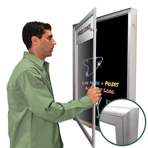 Extreme WeatherPlus Enclosed Radius Edge Outdoor Black Dry Erase Marker Board with Header | Shown in Satin Silver finish