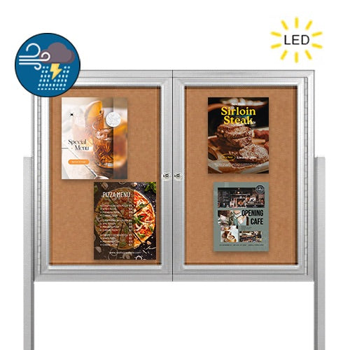 Freestanding 2 Door Enclosed Outdoor Bulletin Boards 72" x 24" with Lights + Posts