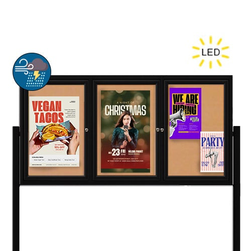 Freestanding 3 Door Enclosed Outdoor Bulletin Boards 96" x 24" with Lights + Posts