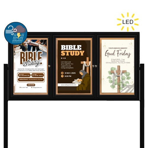 Freestanding 3 Door Enclosed Outdoor Bulletin Boards 96" x 30" with Lights + Posts