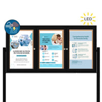 Freestanding 3 Door Enclosed Outdoor Bulletin Boards 96" x 36" with Lights + Posts