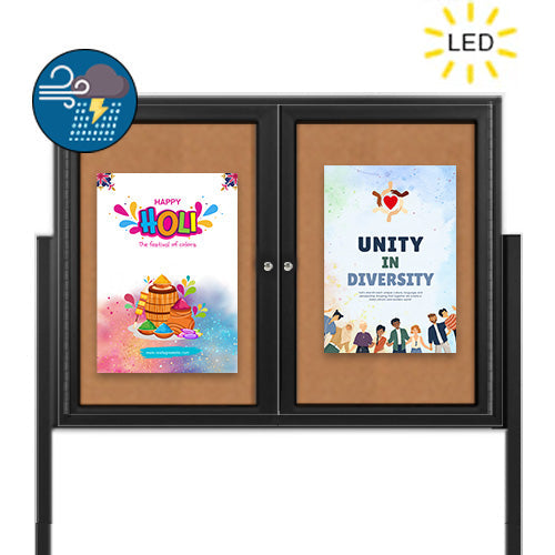 Freestanding 2 Door Enclosed Outdoor Bulletin Boards 60" x 30" with Lights + Posts