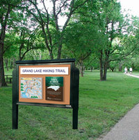 Eco-Design, Standing  Double-Sided Outdoor Message Center with Posts 48 x 36 Cabinet + Cork  Board | BOTTOM Hinged Doors