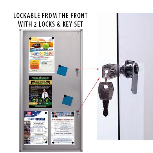 Lockable Magnetic Boards have (2) Front Locks with Key Sets to keep the enclosed notice board secure.