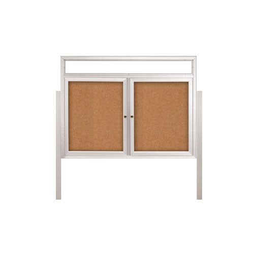 2-DOOR ILLUMINATED HEADER CORKBOARD 96" x 30" RADIUS EDGES WITH MITERED CORNERS (SHOWN IN SATIN SILVER)