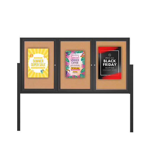 Freestanding 3 Door Outdoor Enclosed Bulletin Board 72x24 with Posts
