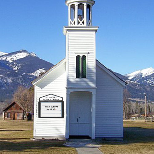 60x42 Cathedral Message Readerboard swings open for easy reader board change. Reader Board Display is Single-Sided for Wall Mount. Add your own Logo Design on site, or have our team apply your Personalized Header.