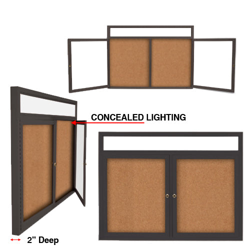 Enclosed Outdoor Bulletin Boards + Message Header and LED Lights with 2-3 Doors in 35+ Sizes