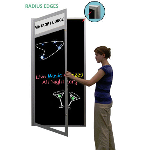 XL Outdoor Enclosed Dry Erase Markerboard with Radius Edge and Header - Black Porcelain Steel