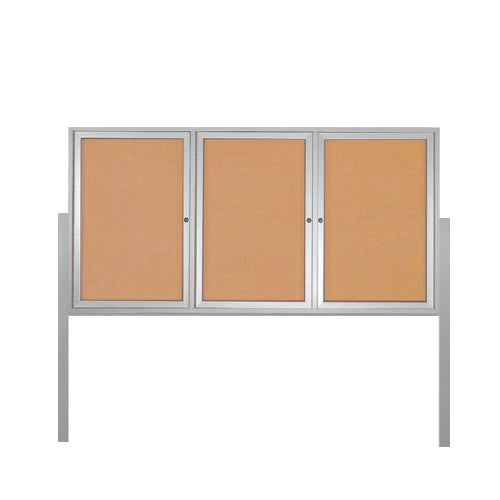 FREESTANDING 72 x 30 CORK BOARD 3-DOORS WITH LIGHTS & (2) POSTS (SHOW in SILVER FINISH)