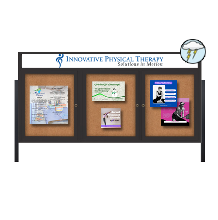 Freestanding Enclosed Outdoor Bulletin Boards 96" x 36" with Message Header and Posts (3 DOORS)