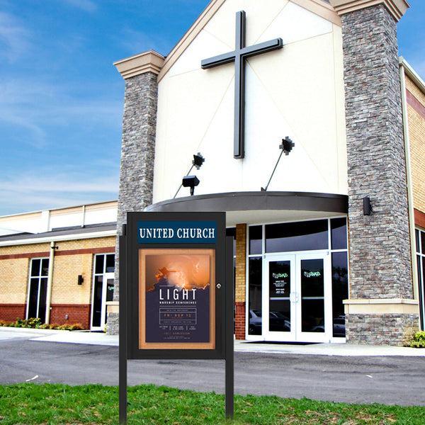 SwingCase Standing 30x40 Lighted Outdoor Bulletin Board Enclosed w Header + Posts (One Door)