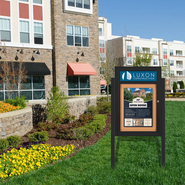 SwingCase Free-Standing 19 x 24 LED Lighted Outdoor Bulletin Board + 2 Posts | Enclosed Metal Cabinet with Personalized Message Header