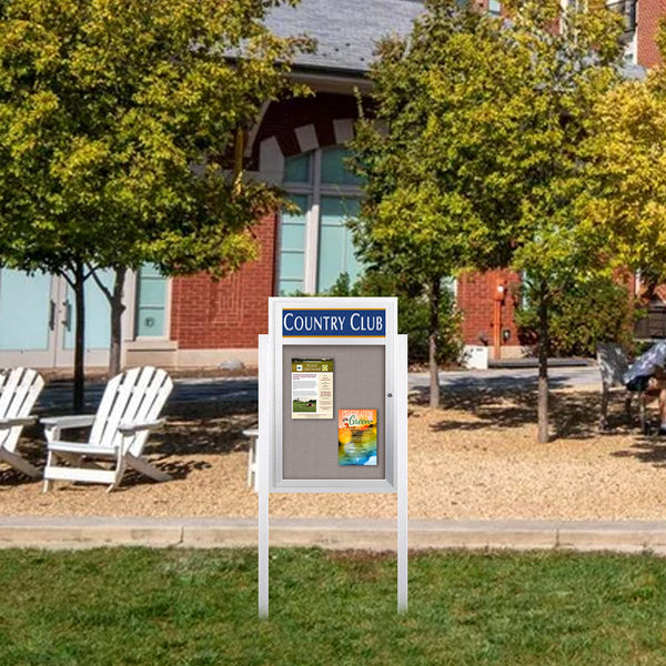 SwingCase Free-Standing 19 x 24 LED Lighted Outdoor Bulletin Board + 2 Posts | Enclosed Metal Cabinet with Personalized Message Header