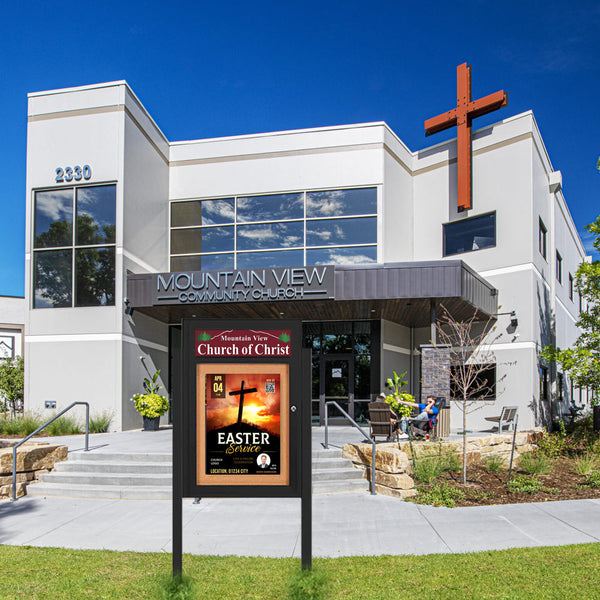 SwingCase Standing 22x28 Lighted Outdoor Bulletin Board Enclosed w Header + Posts (One Door)