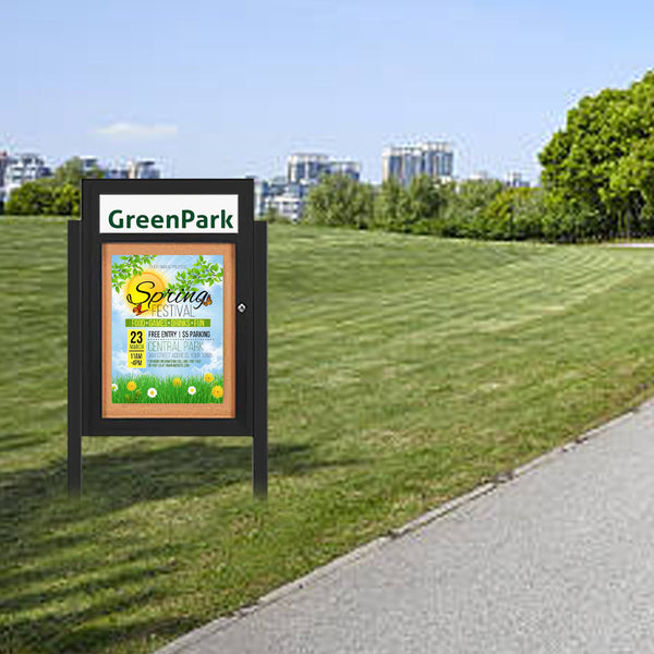 SwingCase Standing 24x36 Lighted Outdoor Bulletin Board Enclosed w Header + Posts (One Door)