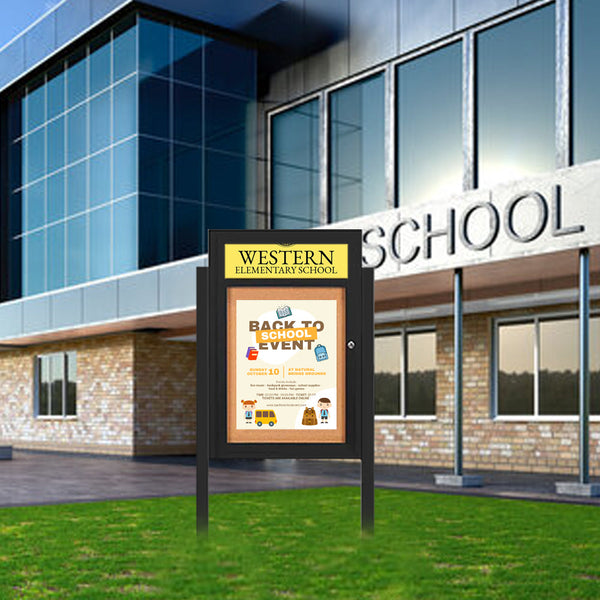 SwingCase Standing 27x40 Lighted Outdoor Bulletin Board Enclosed w Header + Posts (One Door)