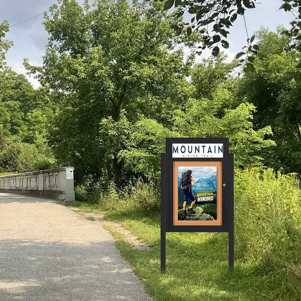 SwingCase Standing 36x48 Lighted Outdoor Bulletin Board Enclosed with Header + Posts | Metal Display Case Single Door