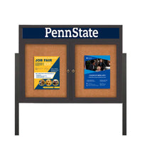 Freestanding 2 Door Enclosed Outdoor Bulletin Boards 50" x 40" Lighted w Message Header on Posts