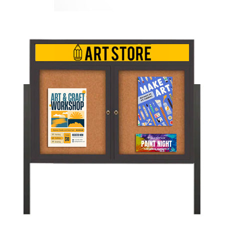 Freestanding 2 Door Enclosed Outdoor Bulletin Boards 60" x 24" Lighted w Message Header on Posts