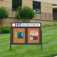 Freestanding 2 Door Enclosed Outdoor Bulletin Boards 40" x 50" Lighted w Message Header on Posts