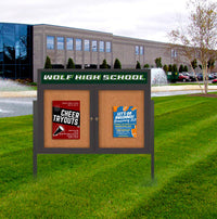 Freestanding 2 Door Enclosed Outdoor Bulletin Boards 72" x 36" Lighted w Message Header on Posts