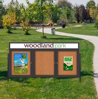 Freestanding 3 Door Enclosed Outdoor Bulletin Boards 72" x 24" Lighted w Message Header on Posts