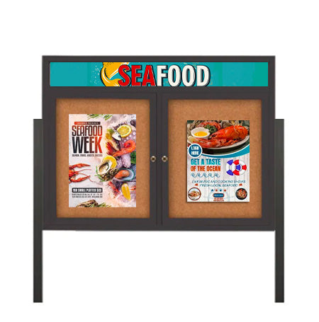 Freestanding 2 Door Enclosed Outdoor Bulletin Boards 72" x 24" Lighted w Message Header on Posts