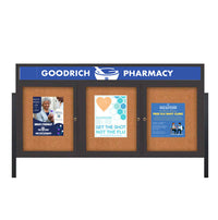 Freestanding 3 Door Enclosed Outdoor Bulletin Boards 72" x 36" Lighted w Message Header on Posts