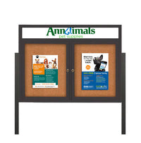 Freestanding 2 Door Enclosed Outdoor Bulletin Boards 72" x 36" Lighted w Message Header on Posts