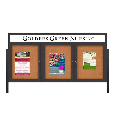 Freestanding 3 Door Enclosed Outdoor Bulletin Boards 84" x 24" Lighted w Message Header on Posts