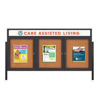 Freestanding 3 Door Enclosed Outdoor Bulletin Boards 84" x 36" Lighted w Message Header on Posts