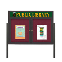 Freestanding 2 Door Enclosed Outdoor Bulletin Boards 96" x 24" Lighted w Message Header on Posts